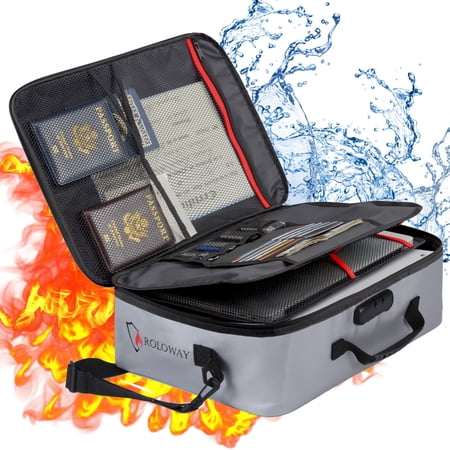 ROLOWAY Fireproof Document Bag (17 x 11.8 x 5 inch) with Lock, Fireproof Document Safe Organizer, Fireproof File Storage Bag, Fireproof Bag with Multi-Layer Portable File Organizers for Travel (Gray)
