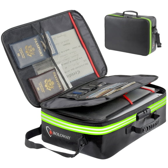 ROLOWAY Fireproof Document Bag with Lock & Reflective Strip (17 x 11.8 x 5 inch), Fireproof Safe Document Organizer, Important Document Storage Bag with Multi-Layer File Organizers (Black)