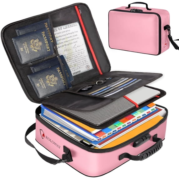 ROLOWAY Fireproof Document Bag with Lock (17 x 11.8 x 5 inch), Important Document Storage Bag with Multi-Layer File Organizers (Pink)