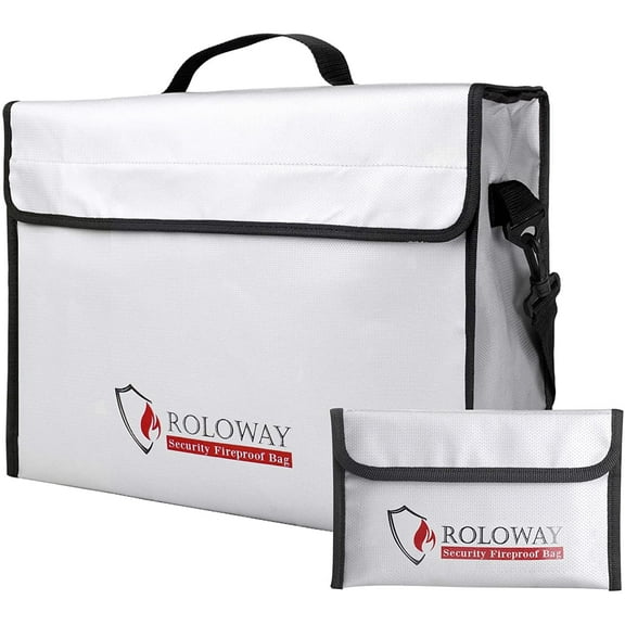 ROLOWAY Fireproof Document & Money Bags, Large Fireproof & Water Resistant Bag (16 x 12 x 5 inches), Fireproof Folder Safe Bag for Cash, Valuables & Passport, with Silicone Coating & Zipper Closure