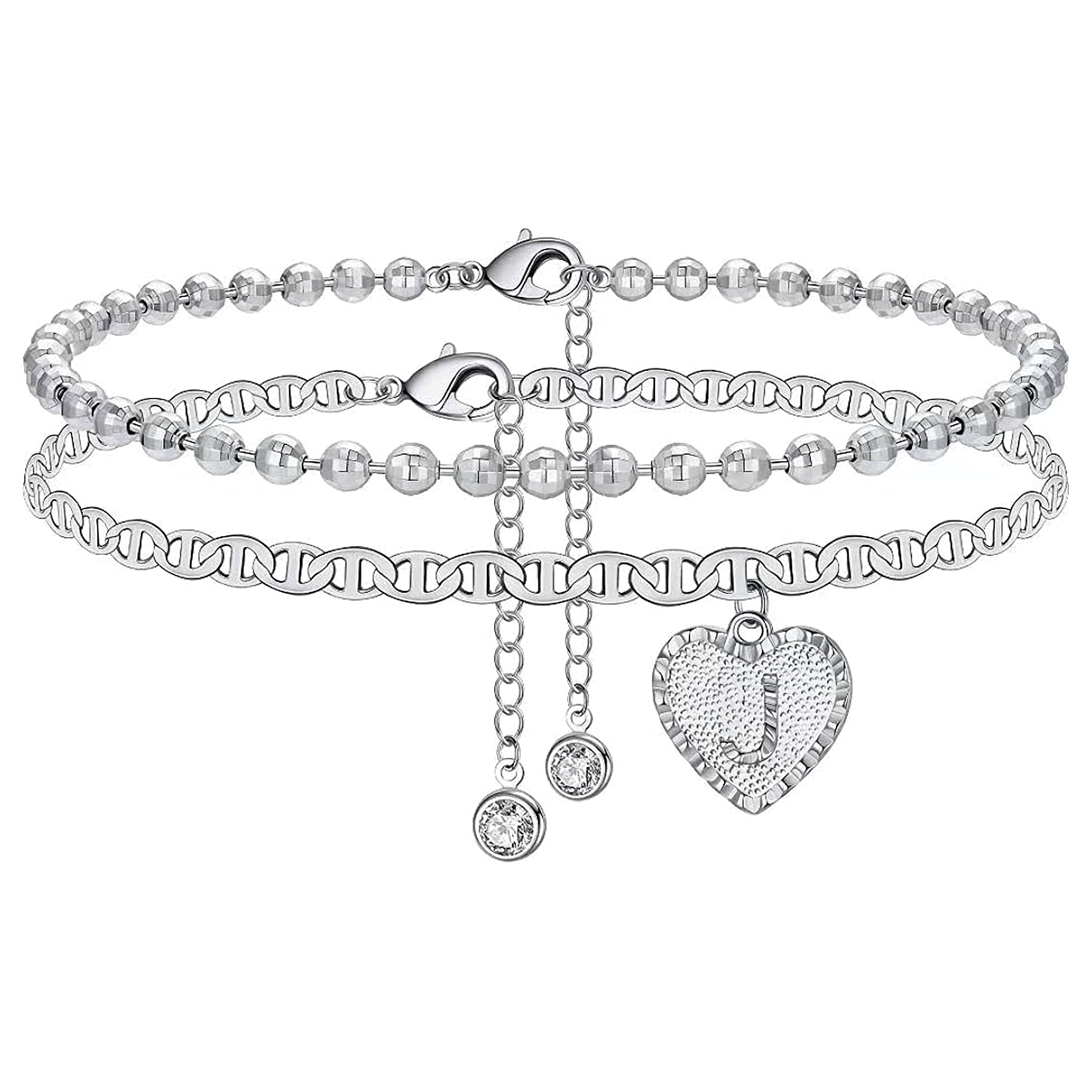 ROLOWAY Initial J Anklet Silver Copper Ankle Bracelet Adjustable, 8 inches