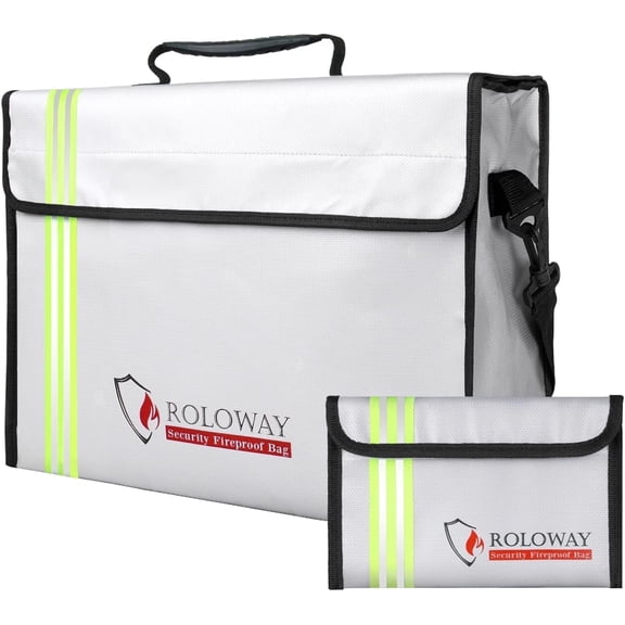 ROLOWAY Large (15 x 12 x 5 inches) Fireproof Bag with Reflective Strip, Water Resistant Fireproof Document Bag Safe for Money, Documents and Valuables Storage