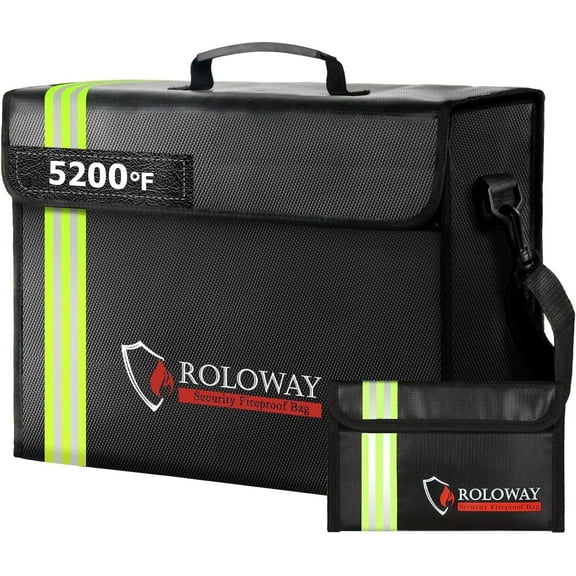 ROLOWAY Large Fireproof Bag 5200°F Heat Insulated (17 x 12 x 5.8 inches) with Reflective Strip, Fireproof Document Bag with Fireproof Money Bag for Cash Safe, Fireproof Safe Bag for Document Safe
