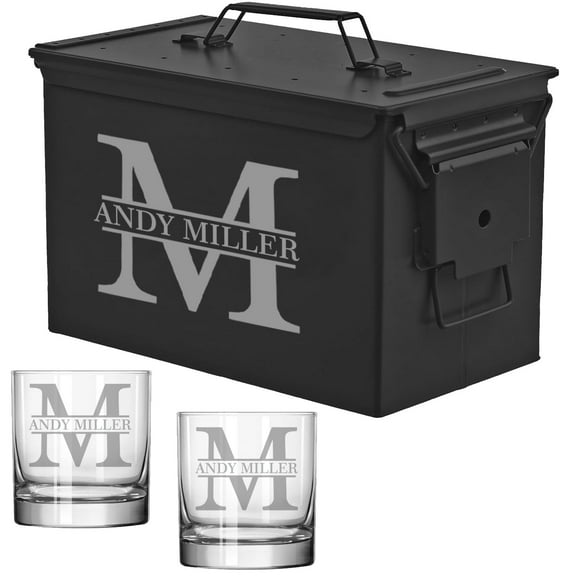 ROLYAD 50 Caliber Ammo Box Metal Ammunition Case Steel Storage Can with 11oz Rocks Whiskey Glasses (Block Initial)