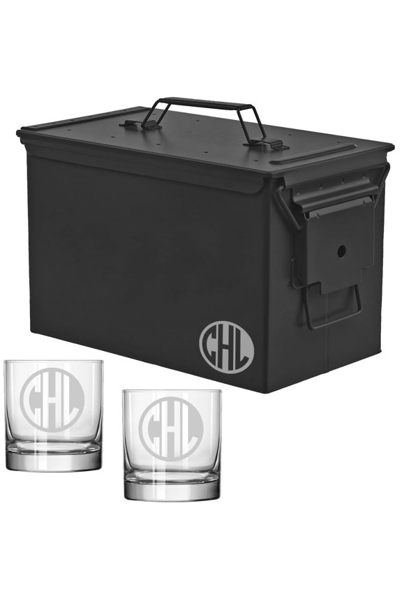 ROLYAD 50 Caliber Ammo Box Metal Ammunition Case Steel Storage Can with 11oz Rocks Whiskey Glasses (Circle Monogram), Black