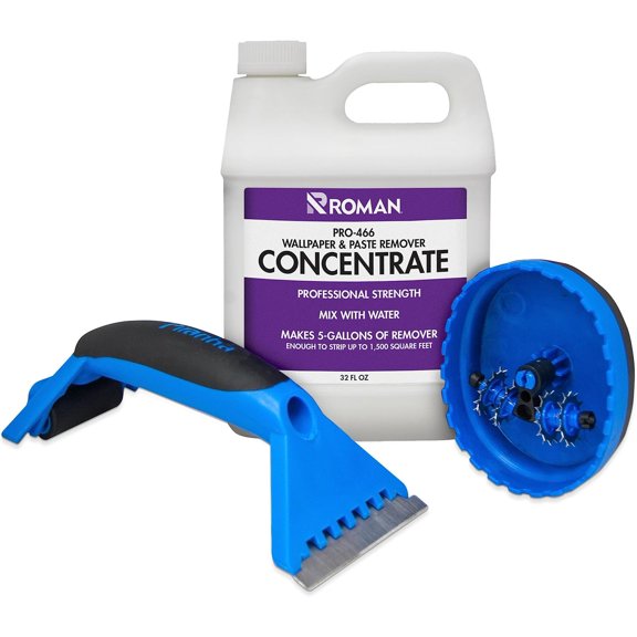 ROMAN Wallpaper Removal Kit - Concentrate (32 oz), Perforating Scoring Tool, and Angled Scraper for Home Improvement - Yields 5 Gallons of Remover (1500 sq. ft Coverage)