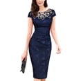 thumbnail image 1 of ROMANCE VICTORY Women's Floral Lace Patch Round Neck Ruched Bodycon Pencil Dress, 1 of 10