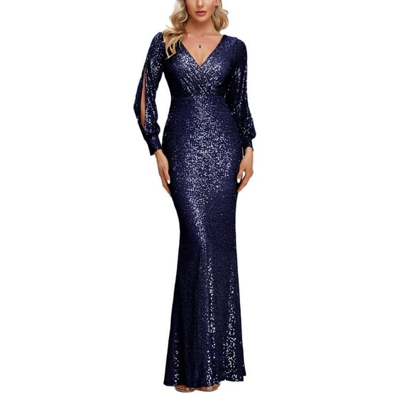 ROMANCE VICTORY Women's Sexy V-Neck Split Long Sleeve Shinning Sequins Evening Mermaid Bridesmaid Cocktail Dress