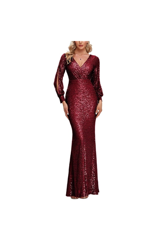 Women's Sexy V-Neck Split Long Sleeve Shinning Sequins Evening Mermaid Bridesmaid Cocktail Dress