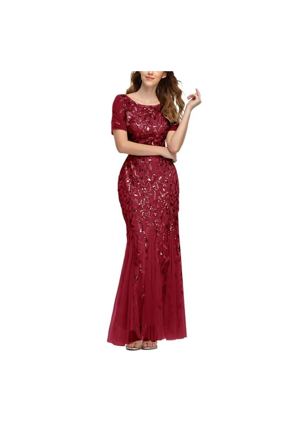 Women's Short Sleeve Round Neck Tulle Embroidery Mermaid Bridesmaid Prom Dress