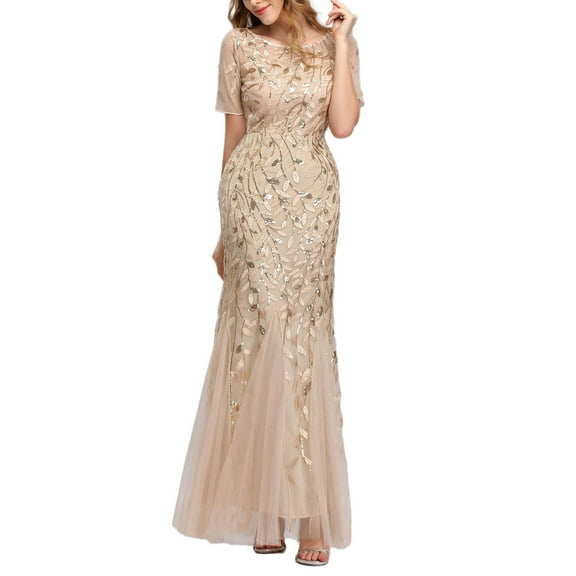 ROMANCE VICTORY Women's Short Sleeve Round Neck Tulle Embroidery Mermaid Bridesmaid Prom Dress