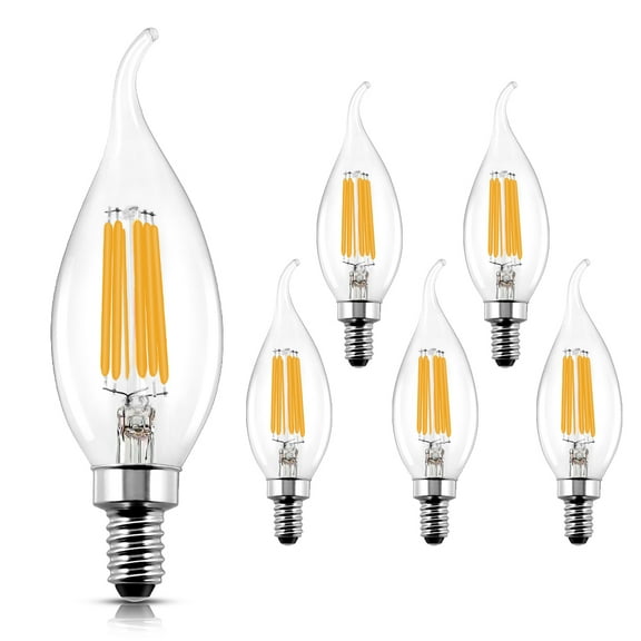 ROMANJOY E12 LED Candelabra Light Bulbs, 6W(60 Watt Equivalent), CA11 Shape, Flame Tip Style, 2700K Soft White, Dimmable LED Chandelier Filament Bulb for Ceiling Fan Dining Room, 6Pack