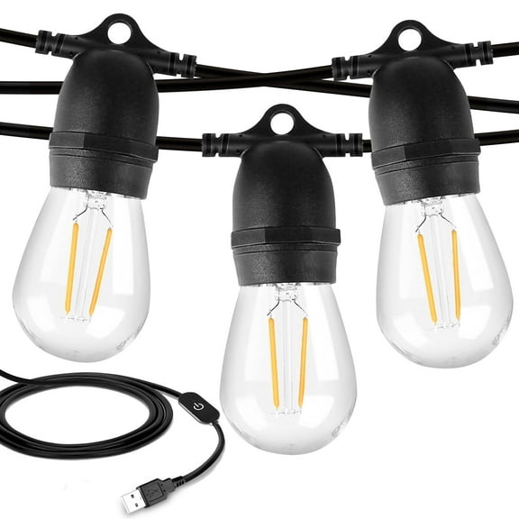 ROMANJOY LED String Lights USB Powered, 2700K Warm White, Dimmable, Add Warm Ambience to Your Camp Site, 24.6FT USB String Lights with S14 1W Plastic Bulbs, Camping Lights for Tents Inside, Backyard
