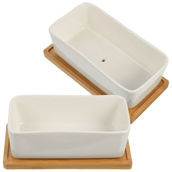 ROMANSENTIAL 2Sets Rectangular White Ceramic Flower Pot Container with Tray for Home Decoration