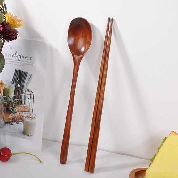 ROMANSENTIAL 4Sets Wood Tableware Set Coffee Chopstick and Spoon Set for Home and Outdoor Use