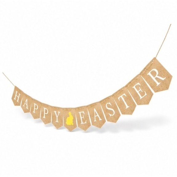 ROMANSENTIAL Rustic Yellow Burlap Happy Easter Banner Easter Bunny Sign Party Decoration