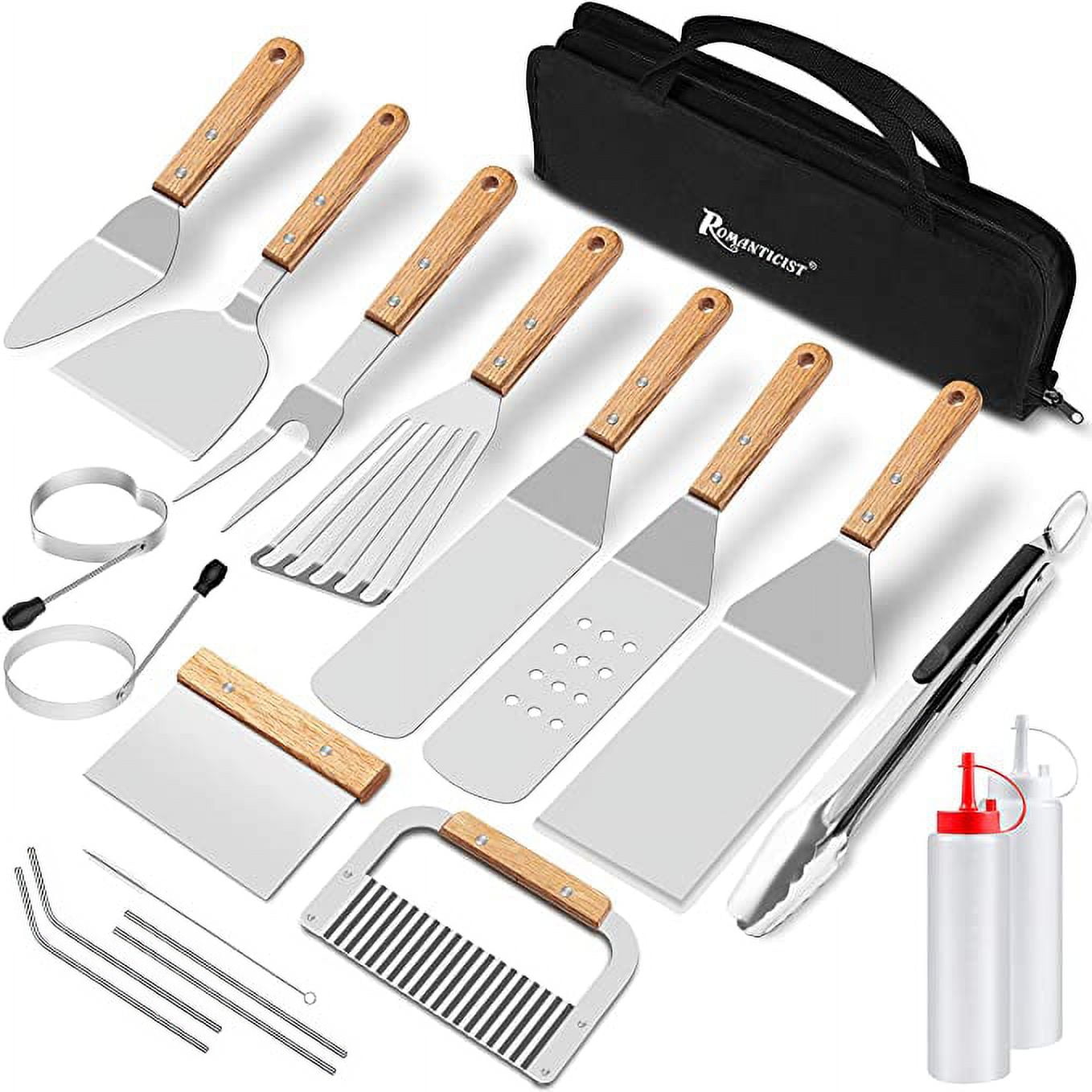 ROMANTICIST 20pcs BBQ Griddle Accessories Cooking Kit, Heavy Duty Wooden  Handle Grill Utensils Tool Set, Stainless Steel Spatula, Tongs, Scraper for  Flat Top, Teppanyaki, Hibachi, Camping, Tailgating
