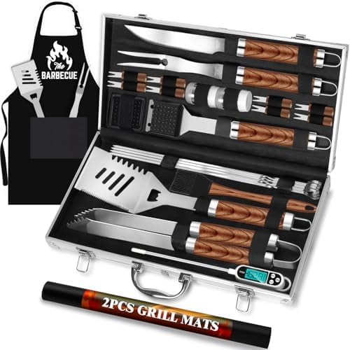 ROMANTICIST 26pcs Grilling Gifts for Men, Dad Gifts for Father's Day, Stainless Steel BBQ Grill Accessories Tools Set, Heavy Duty BBQ Utensils Kit with Apron, Thermometer, Mats in Aluminum Case Brown