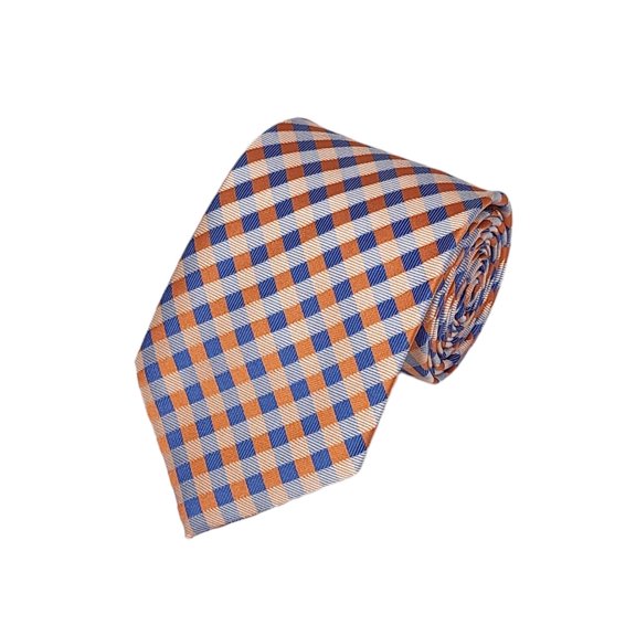 ROMARIO MANZINI ORANGE AND STEEL BLUE CHECKERED WOVEN NECKTIE