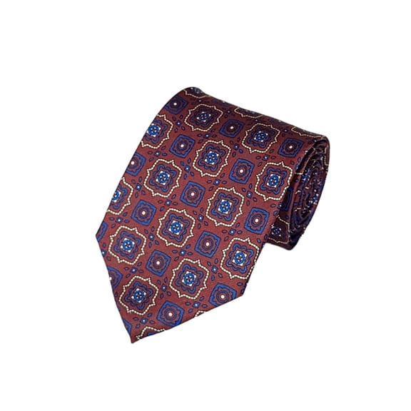 ROMARIO MANZINI ROYAL BLUE, YELLOW ON BURGUNDY CONSERVATIVE PRINTED DESIGN Standard Necktie