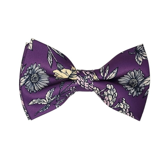 ROMARIO MANZINI White Floral on Purple PRINTED DESIGN Pre-Tied Bow Tie