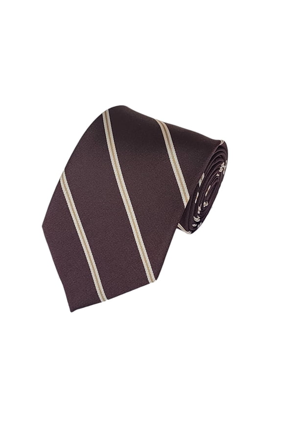 BEIGE AND TAN PIN STRIPE ON COFFEE BROWN DESIGN WOVEN NECKTIE