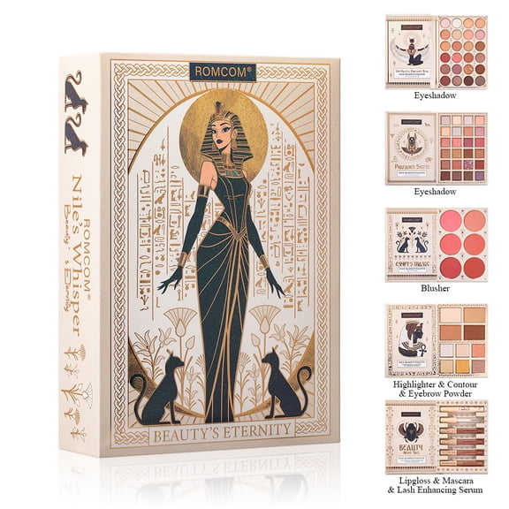 ROMCOM Ancient Egypt All-In-One Makeup Book Palette, Multi Page Eyeshadow Blush Highlight Lip Gloss Mascara Full Face Long Lasting Blendable Makeup Kit