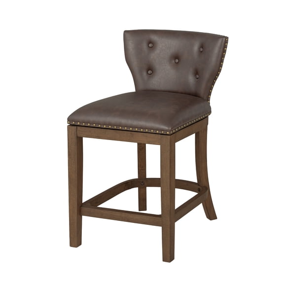 ROME + OAK Carylnd Swivel Counter Stool, 26 in, Walnut, Saddle Brown Vegan Leather Seat