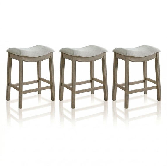 ROME + OAK Parker 26" Backless Saddle Kitchen Counter Stool, Oak, Grey Upholstery, 3 Pack