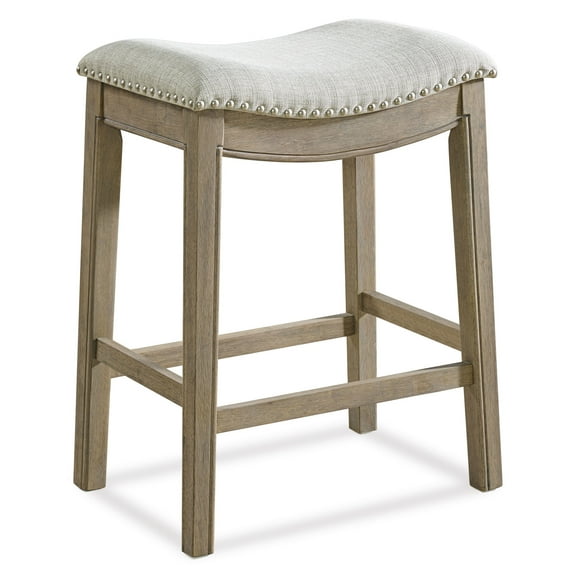 ROME + OAK Parker 26" Backless Saddle Kitchen Counter Stool, Reclaimed Oak,Ash Grey Fabric