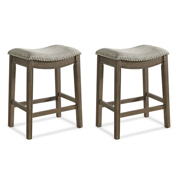 ROME + OAK Parker Backless Saddle Kitchen Counter Stool, Walnut, Grey Upholstery, Set of 2