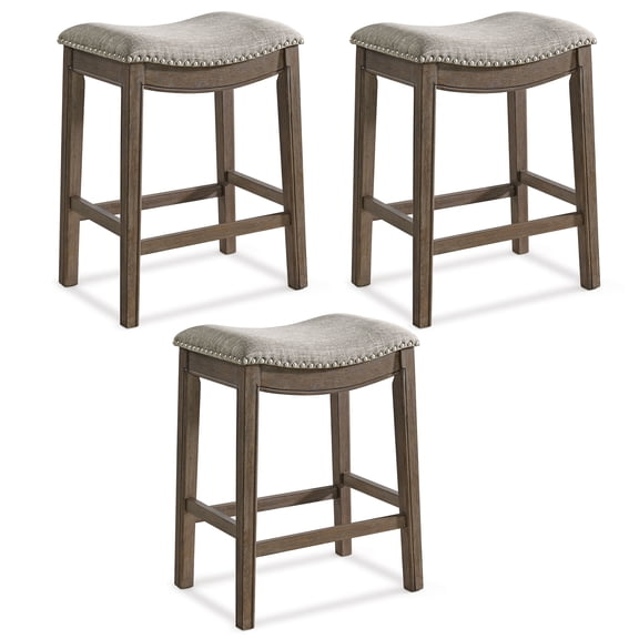 ROME + OAK Parker Backless Saddle Counter Barstool - Walnut Frame - Set of 3, Gray