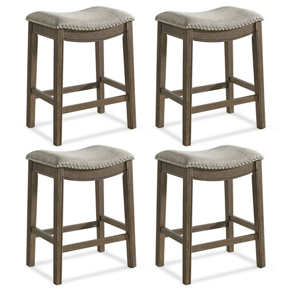 ROME   OAK Parker Backless Saddle Kitchen Counter Stool, Walnut, Grey Upholstery, Set of 4