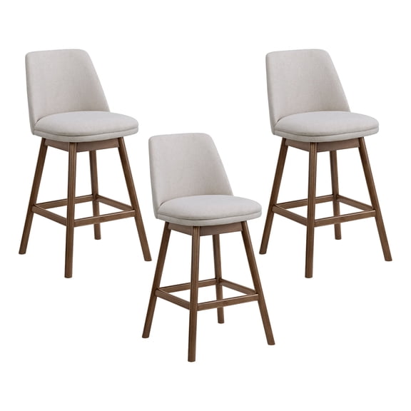 ROME + OAK Rowan 26" Swivel Counter Stool in Walnut Finish with White Fabric Seat, Set of 3