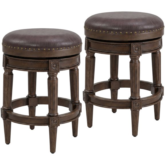 ROME + OAK Runyan 26" Backless Swivel Counter Stool, Walnut with Brown Leather, Set of 2