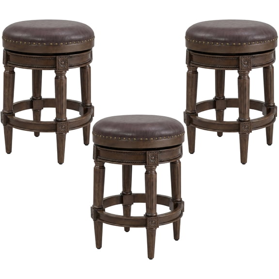 ROME + OAK Runyan 26" Backless Swivel Counter Stool, Walnut with Brown Leather, Set of 3