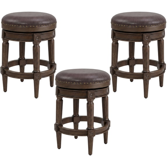 ROME + OAK Runyan 26" Backless Swivel Counter Stool, Walnut with Brown Leather, Set of 3