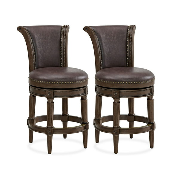 ROME   OAK Runyan 26" Swivel Counter Stool, Dark Walnut Wood, Vintage Brown Faux Leather, Set of 2
