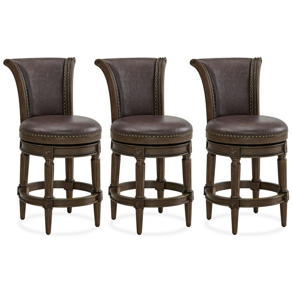 ROME + OAK Runyan 26" Swivel Counter Stool, Dark Walnut Wood, Vintage Brown Faux Leather, Set of 3