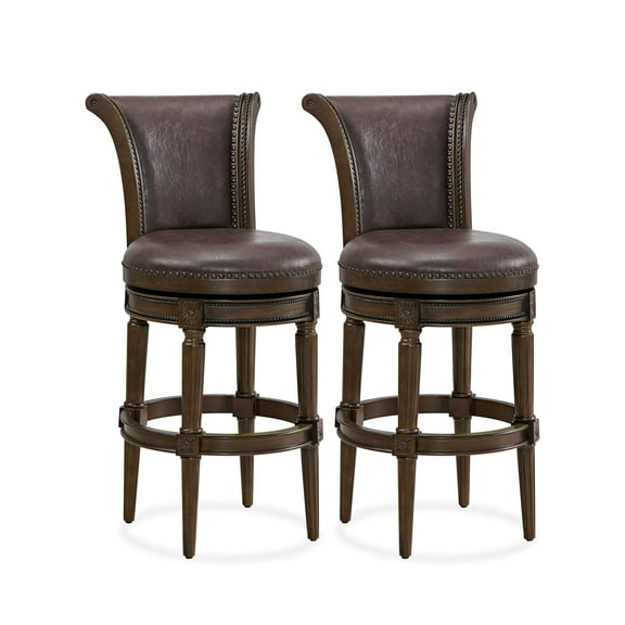 ROME + OAK Runyan 31" Swivel Bar Stool, Dark Walnut Wood, Vintage Brown Faux Leather, Set of 2