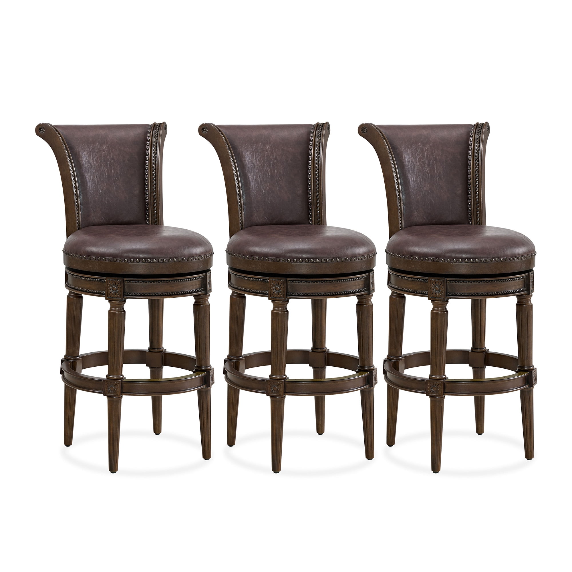 ROME + OAK Runyan 31" Swivel Bar Stool, Dark Walnut Wood, Vintage Brown Faux Leather, Set of 3