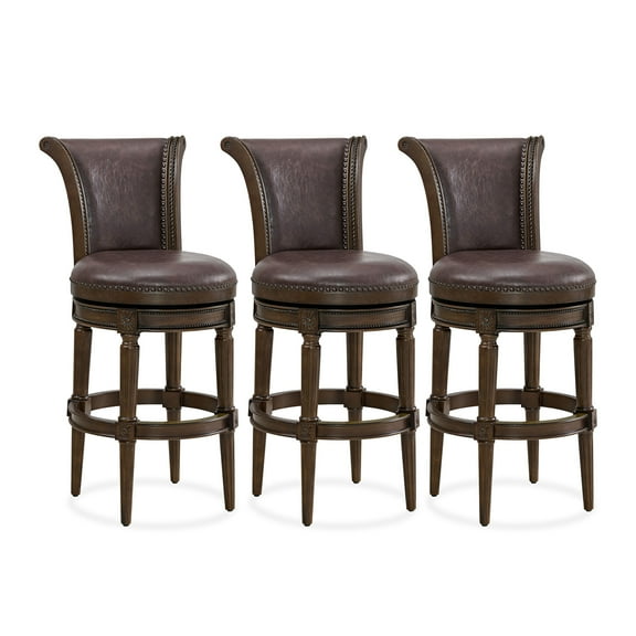 ROME   OAK Runyan 31" Swivel Bar Stool, Dark Walnut Wood, Vintage Brown Faux Leather, Set of 3