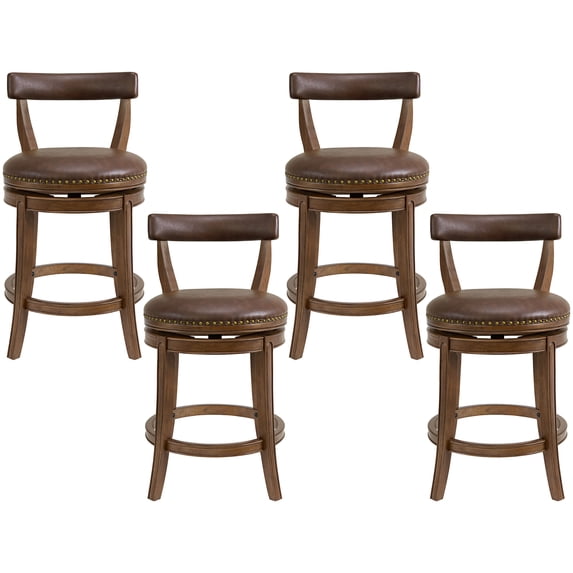 ROME + OAK Ruxban 26" Swivel Counter Stool, Walnut with Saddle Brown Vegan Leather, Set of 4