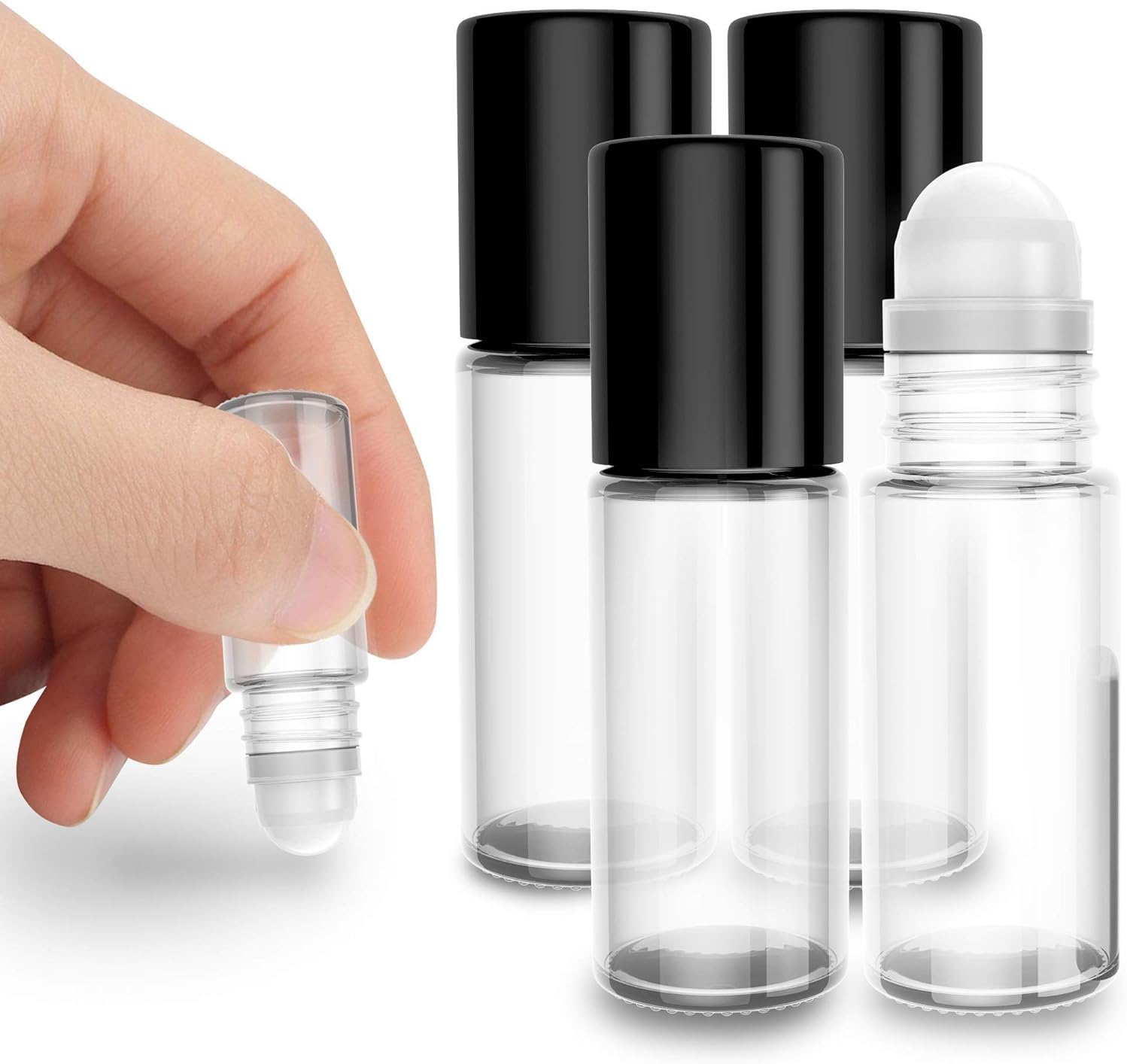 2Pcs 30 Ml 1oz Deodorant Glass Roller Bottles Refillable Empty Massage Roll On Bottles Containers With Plastic Roller Ball Black Cap For Essential Oils DIY Deodorant, Clear