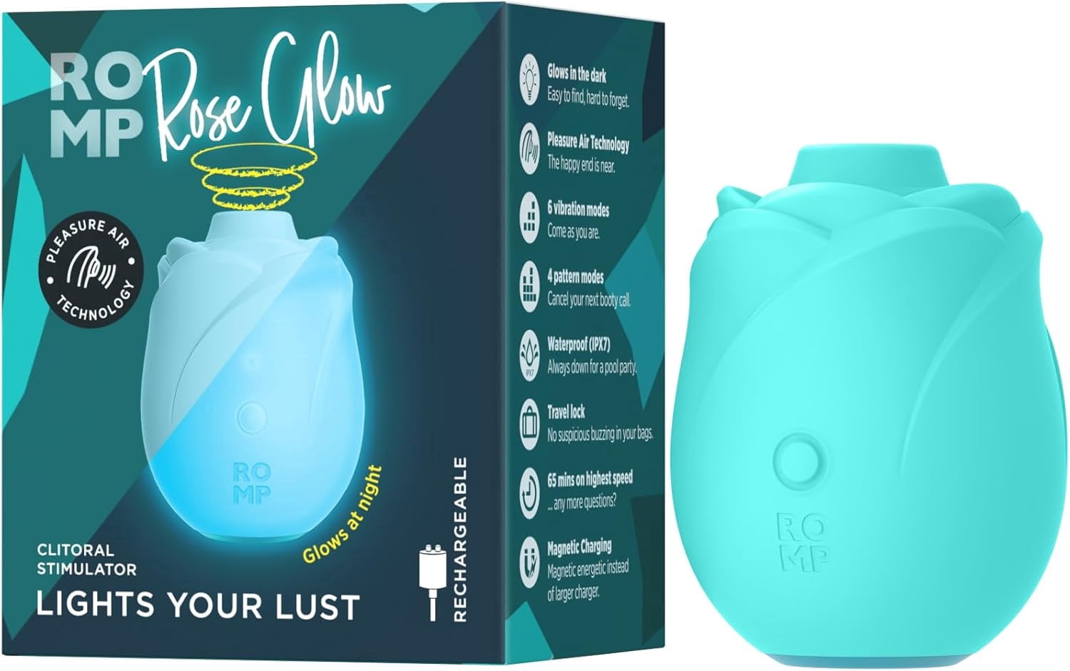 ROMP Rose Glow Clitoral Stimulator for Women, Glow in the Dark Silicone Massager, 6 Vibration Modes, Waterproof Rechargeable Personal Massager