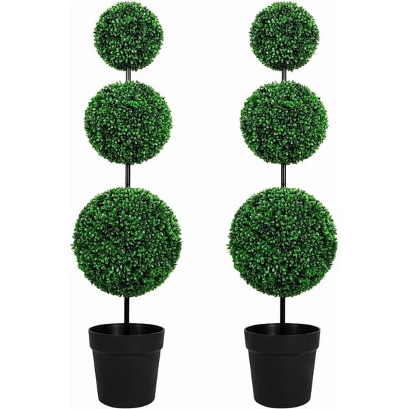 ROMSWI 3FT Artificial Triple Ball Boxwood Topiary Tree 2 Pack UV Resistant Faux Topiary Plant for All-Season Home Office Porch Entryway Decor