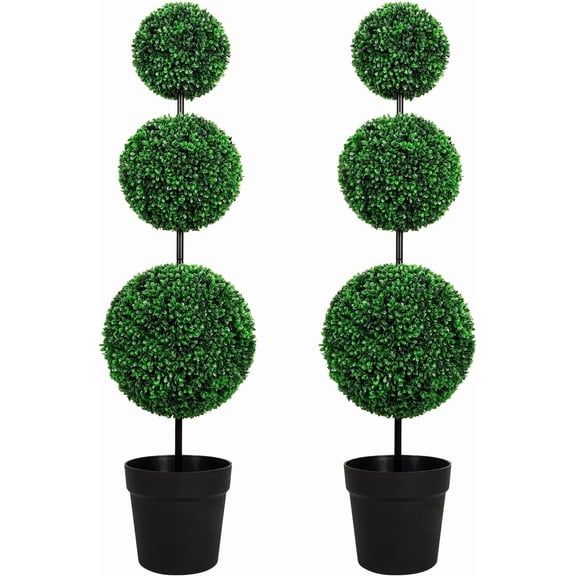 ROMSWI 4FT Artificial Triple Ball Boxwood Topiary Tree 2 Pack UV Resistant Faux Topiary Plant for All-Season Home Office Porch Entryway Decor