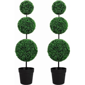 ROMSWI 4FT Artificial Triple Ball Boxwood Topiary Tree 2 Pack UV Resistant Faux Topiary Plant for All-Season Home Office Porch Entryway Decor