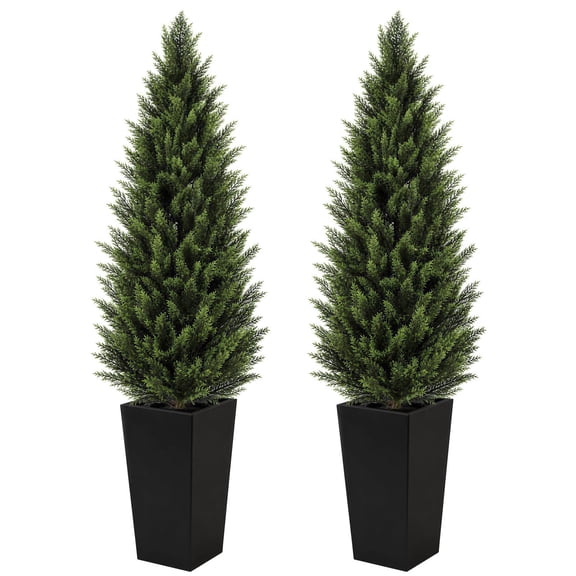 ROMSWI 5 FT Artificial Cedar Topiary Trees, 2-Pack Faux Evergreen Plants with Black Square Planters, UV-Resistant PE Foliage for Indoor Outdoor Porch, Patio, Entryway Decor
