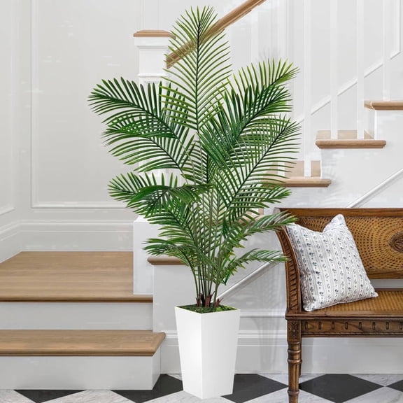 ROMSWI 6FT Artificial Palm Tree with White Planter, Lifelike Golden Cane Palm Tree, Tropical Fake Tree for Outdoor Indoor Decor